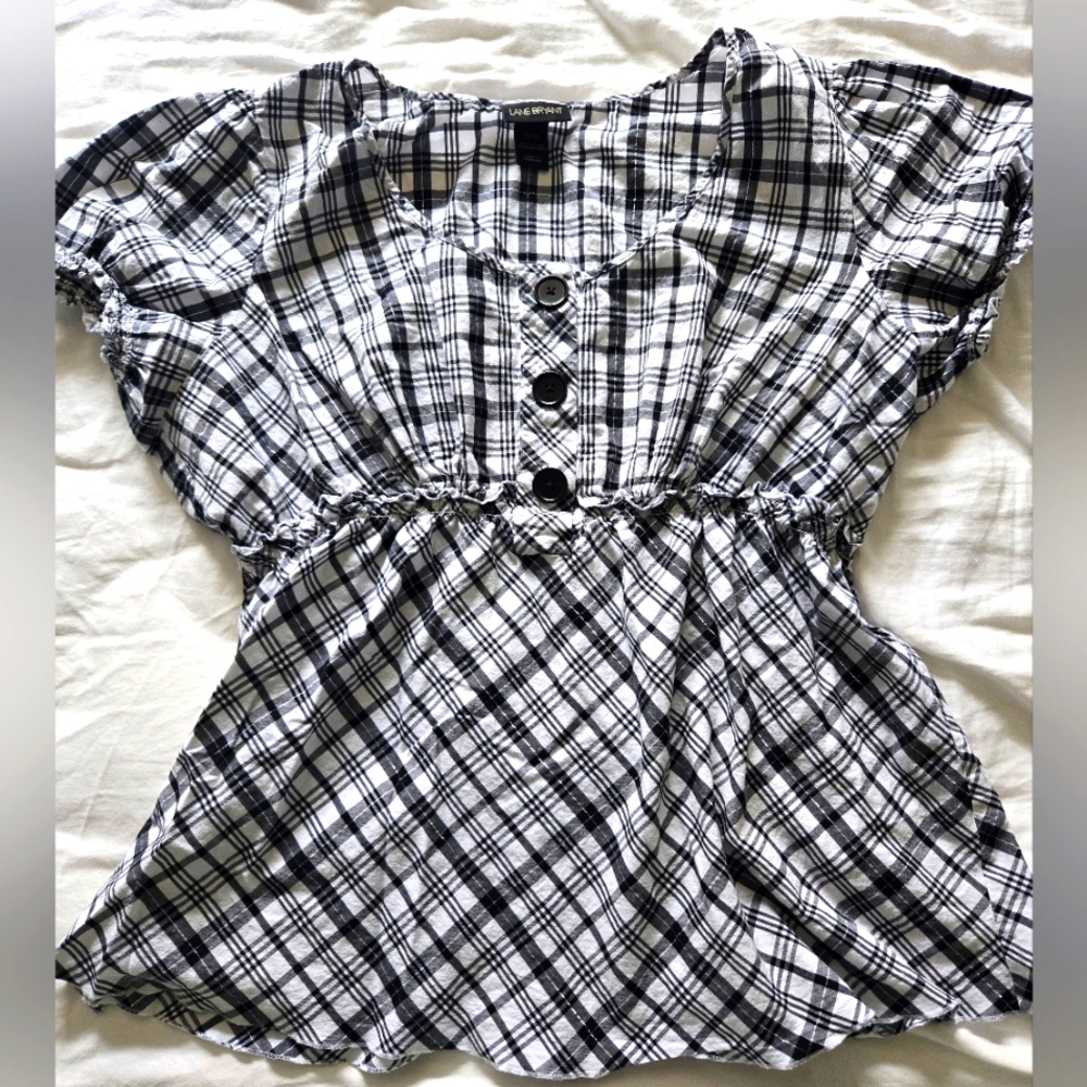 Lane Bryant Black and White Plaid Cotton Elastic Waist Plus Size 22 Top